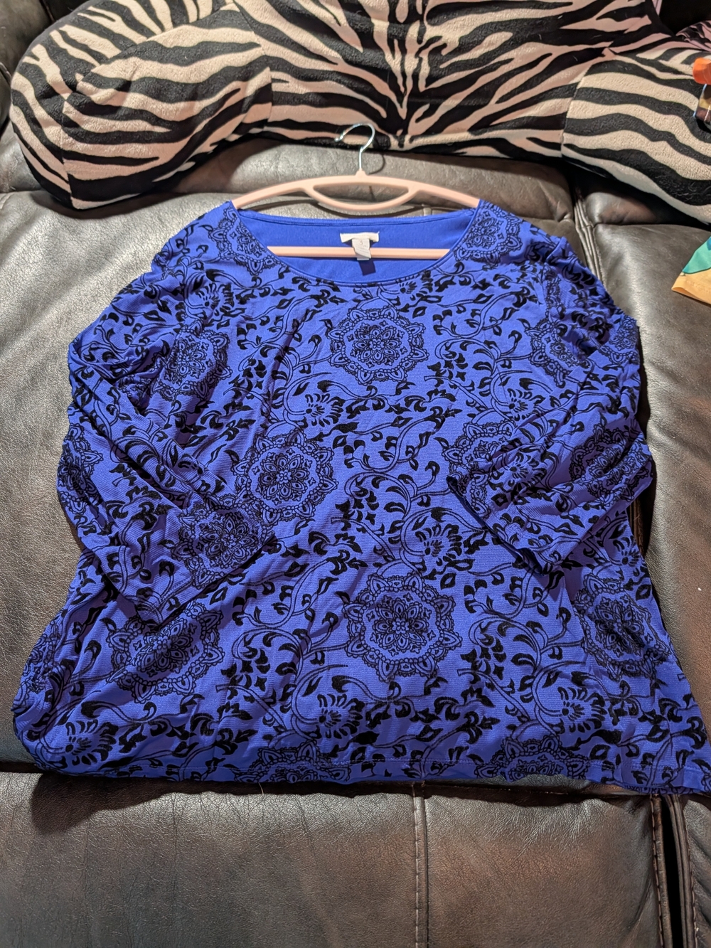 Chico's Vibrant Purple and Black Lined Burnout Velvet 3/4 Sleeve Top